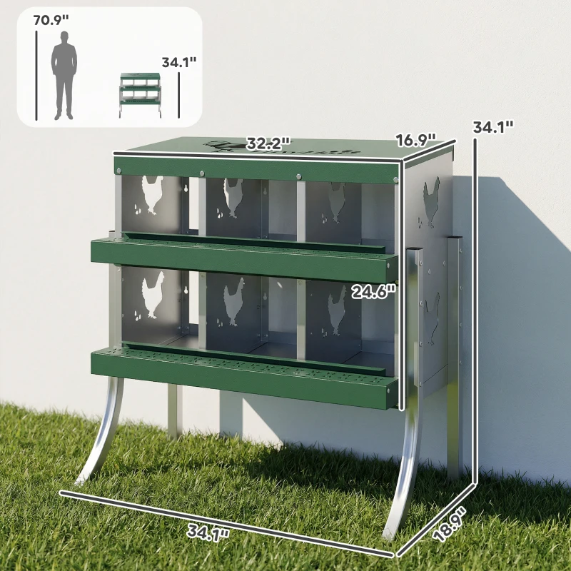 PawHut Chicken Nesting Boxes, 6 Compartment Steel Nesting Boxes for Chickens, Wall Mount Egg Laying Boxes with Vented Holes