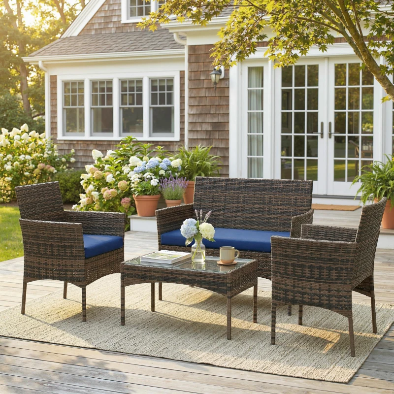 Outsunny 4 Pieces Wicker Outdoor Balcony Furniture Set Rattan Patio Furniture Set with Loveseat Chairs Glass Coffee Table Navy Blue
