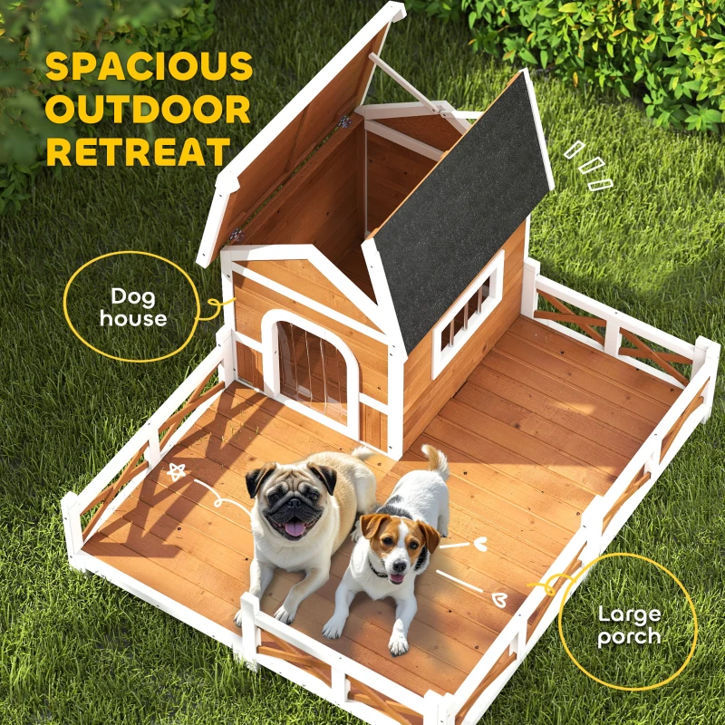 PawHut Outdoor Wooden Dog House, Dog Shelter with Large Porch, Weatherproof & Openable Roof, Elevated Base, Removable Floor