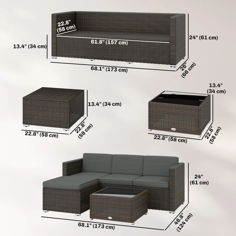 Outsunny 3 Pieces Patio Furniture Set with Cushions, Outdoor PE Rattan Wicker Conversation Corner Sofa Set, Dark Grey