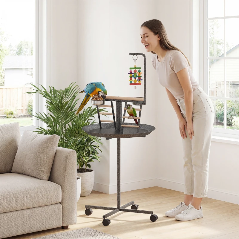 PawHut Bird Stand with Wheels Parrot Play Stand with Round Tray Stainless Steel Feed Bowls Indoor Outdoor Dark Gray