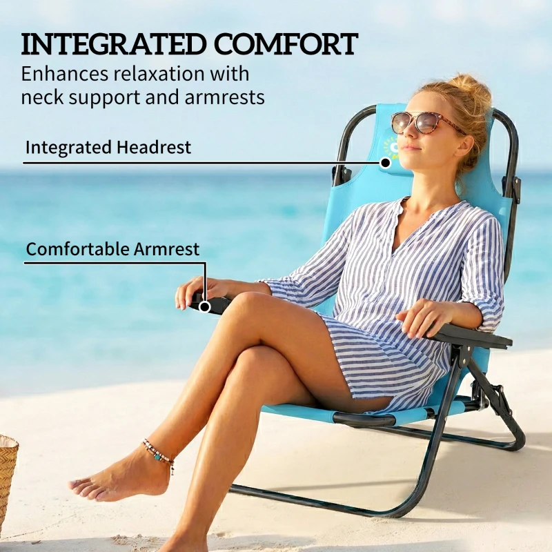 Outsunny Set of 2 Beach Chair 5-Position Adjustable Folding Camping Chair with Headrest Armrests Light Blue