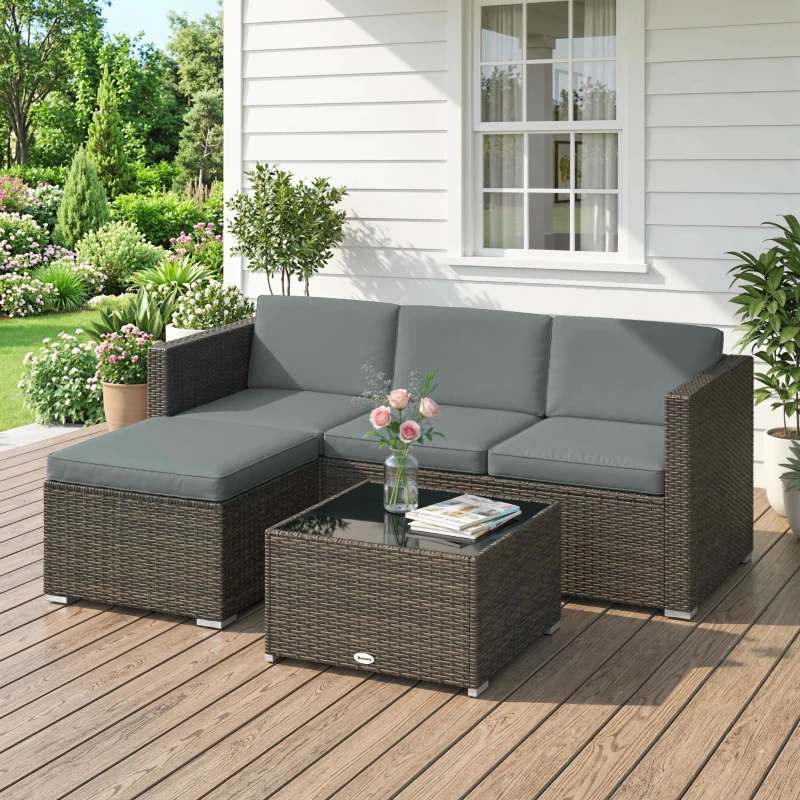 Outsunny 3 Pieces Patio Furniture Set with Cushions, Outdoor PE Rattan Wicker Conversation Corner Sofa Set, Dark Grey