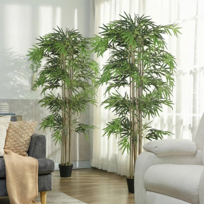 Outsunny 6FT Artificial Bamboo Tree Set of 2, Fake Plant with 1530 Leaves, Greenery Plant in Nursery Pot for Indoor, Green