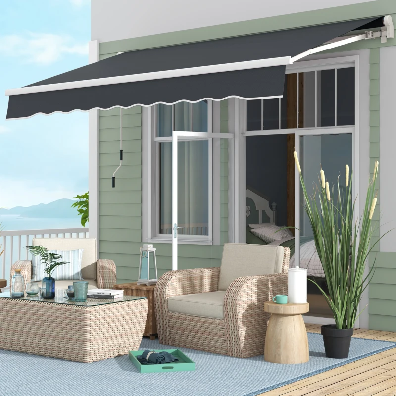 Outsunny 10' x 6.5' Manual Retractable Awning with LED Lights, Aluminum Frame Sun Canopies for Patio Door Window, Dark Grey