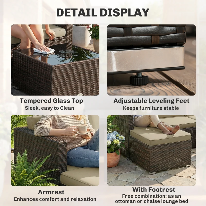 Outsunny 3 Pieces Patio Furniture Set with Cushions, Outdoor PE Rattan Wicker Conversation Corner Sofa Set, Khaki