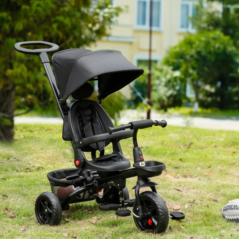 Qaba Tricycle for Toddler 4 in 1 Kids Trike, Foldable Converts Stroller to Toddler Bike, Adjustable Backrest & Curved Canopy, Detachable Guardrail & Handle for 1-5 Years Old, Black