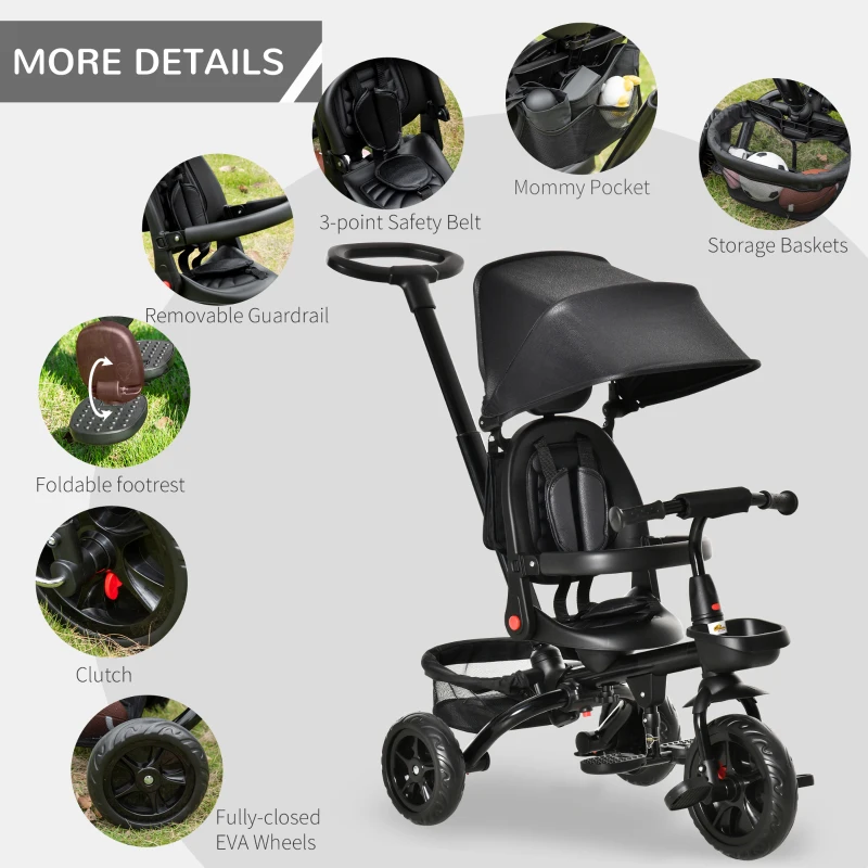 Qaba Tricycle for Toddler 4 in 1 Kids Trike, Foldable Converts Stroller to Toddler Bike, Adjustable Backrest & Curved Canopy, Detachable Guardrail & Handle for 1-5 Years Old, Black