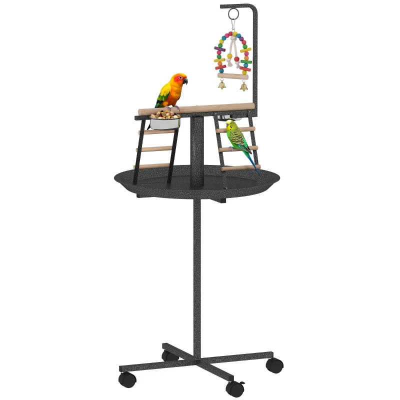 PawHut Bird Stand with Wheels Parrot Play Stand with Round Tray Stainless Steel Feed Bowls Indoor Outdoor Dark Gray
