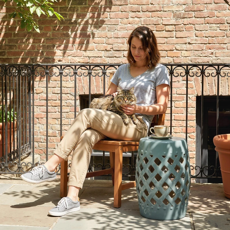 Outsunny 18" Ceramic Garden Stool with Woven Lattice Design, Indoor & Outdoor Decorative Accent Stool, Blue