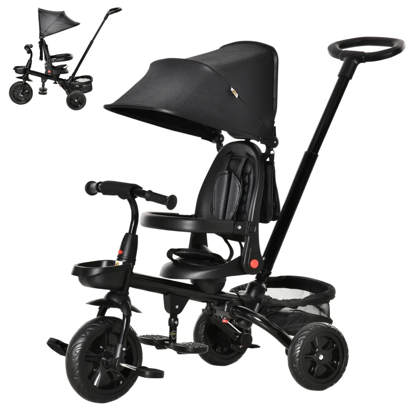 Qaba Tricycle for Toddler 4 in 1 Kids Trike, Foldable Converts Stroller to Toddler Bike, Adjustable Backrest & Curved Canopy, Detachable Guardrail & Handle for 1-5 Years Old, Black