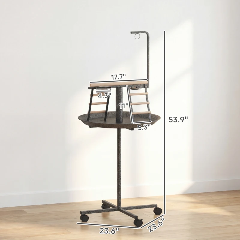 PawHut Bird Stand with Wheels Parrot Play Stand with Round Tray Stainless Steel Feed Bowls Indoor Outdoor Dark Gray