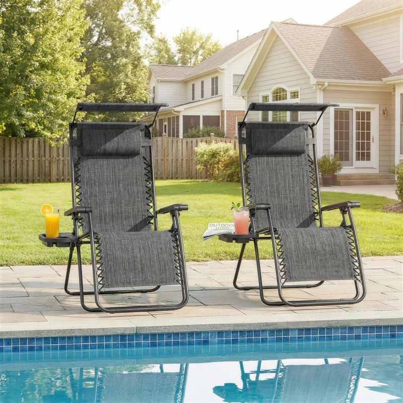 Outsunny Zero Gravity Chair Set of 2 with Canopy Shade, Outdoor Folding Lounge Chair with Side Tray, Cup Holder, Reclining Lounger with Breathable Mesh Seat and Pillow, Dark Grey
