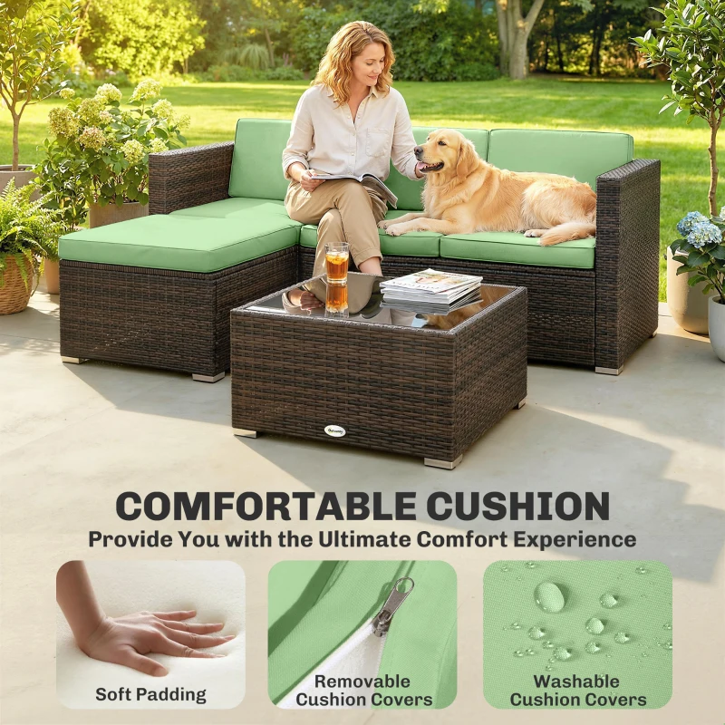 Outsunny 3 Pieces Patio Furniture Set with Cushions, Outdoor PE Rattan Wicker Conversation Corner Sofa Set, Light Green