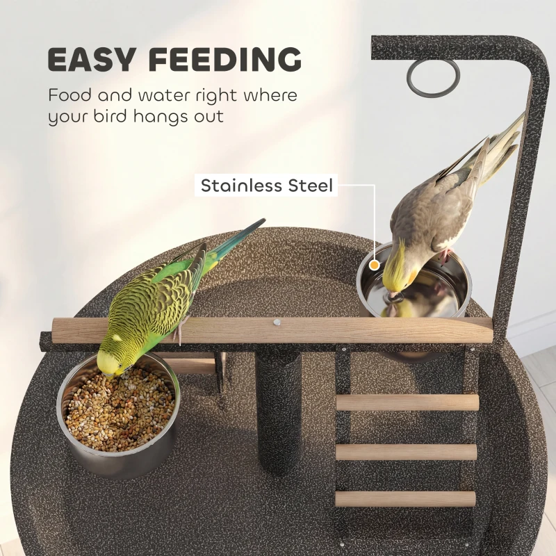 PawHut Bird Stand with Wheels Parrot Play Stand with Round Tray Stainless Steel Feed Bowls Indoor Outdoor Dark Gray
