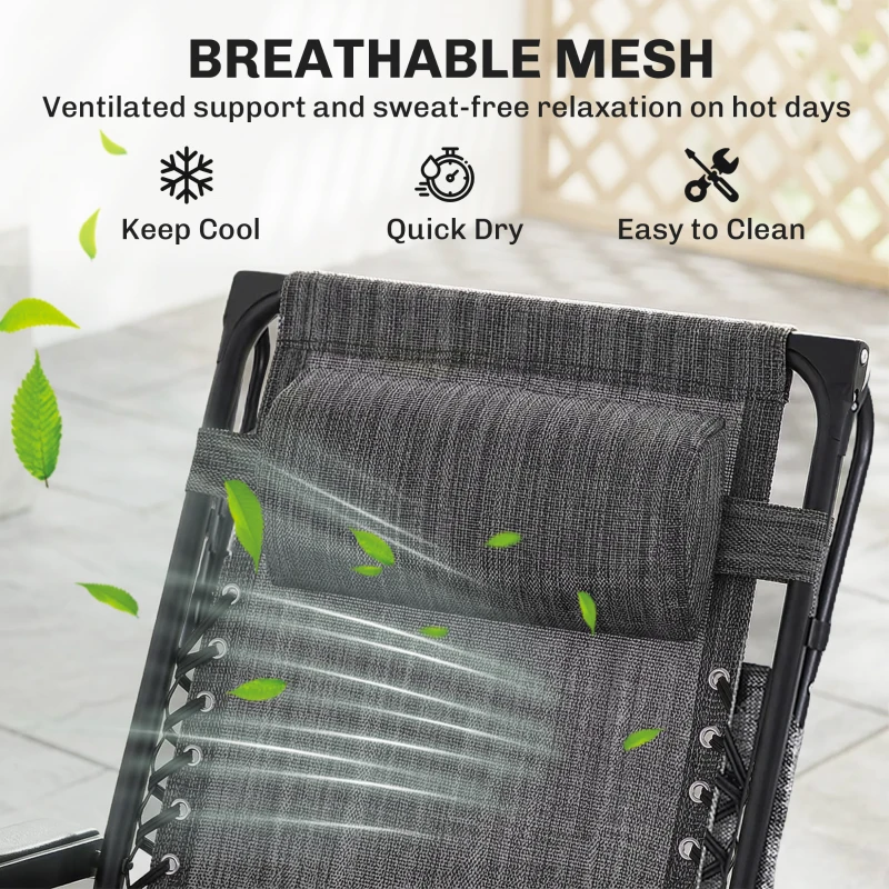 Outsunny Zero Gravity Chair Set of 2 with Canopy Shade, Outdoor Folding Lounge Chair with Side Tray, Cup Holder, Reclining Lounger with Breathable Mesh Seat and Pillow, Dark Grey
