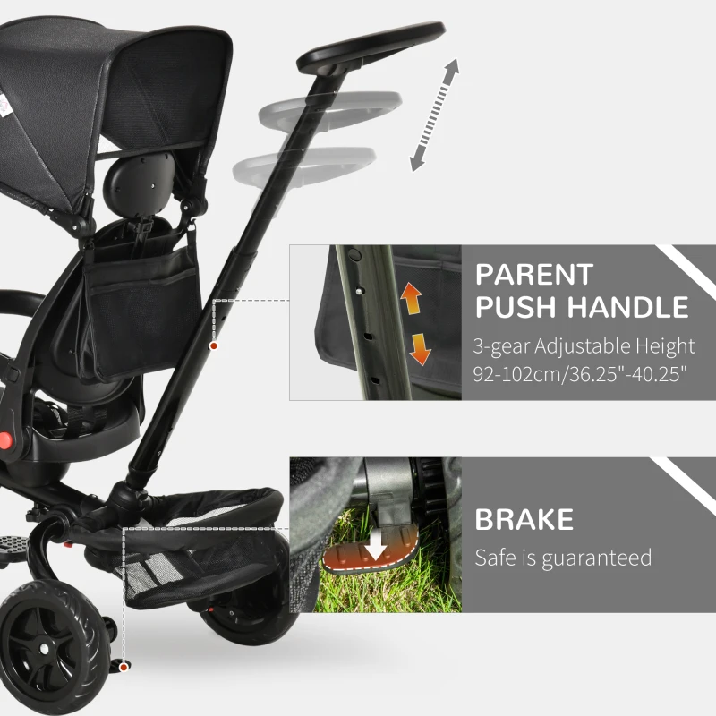 Qaba Tricycle for Toddler 4 in 1 Kids Trike, Foldable Converts Stroller to Toddler Bike, Adjustable Backrest & Curved Canopy, Detachable Guardrail & Handle for 1-5 Years Old, Black