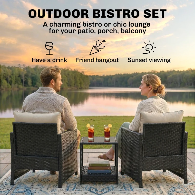 Outsunny Outdoor Bistro Set, 3 Piece Wicker Patio Furniture Set with 2-Tier Glass Top Table, Cushions for Porch, Balcony, Beige