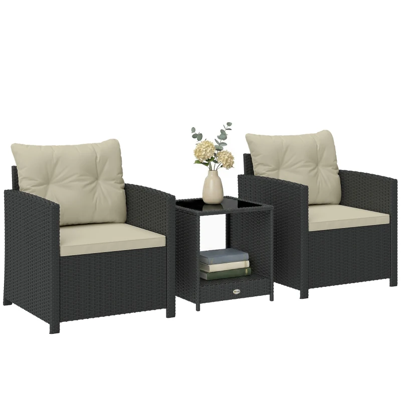 Outsunny Outdoor Bistro Set, 3 Piece Wicker Patio Furniture Set with 2-Tier Glass Top Table, Cushions for Porch, Balcony, Beige