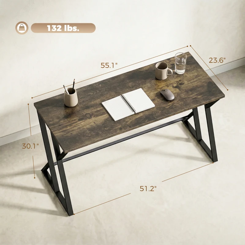 HOMCOM 55 Inch Computer Desk, Industrial Writing Desk with Z-Shaped Metal Leg, Study Table for Home Office, Rustic Brown