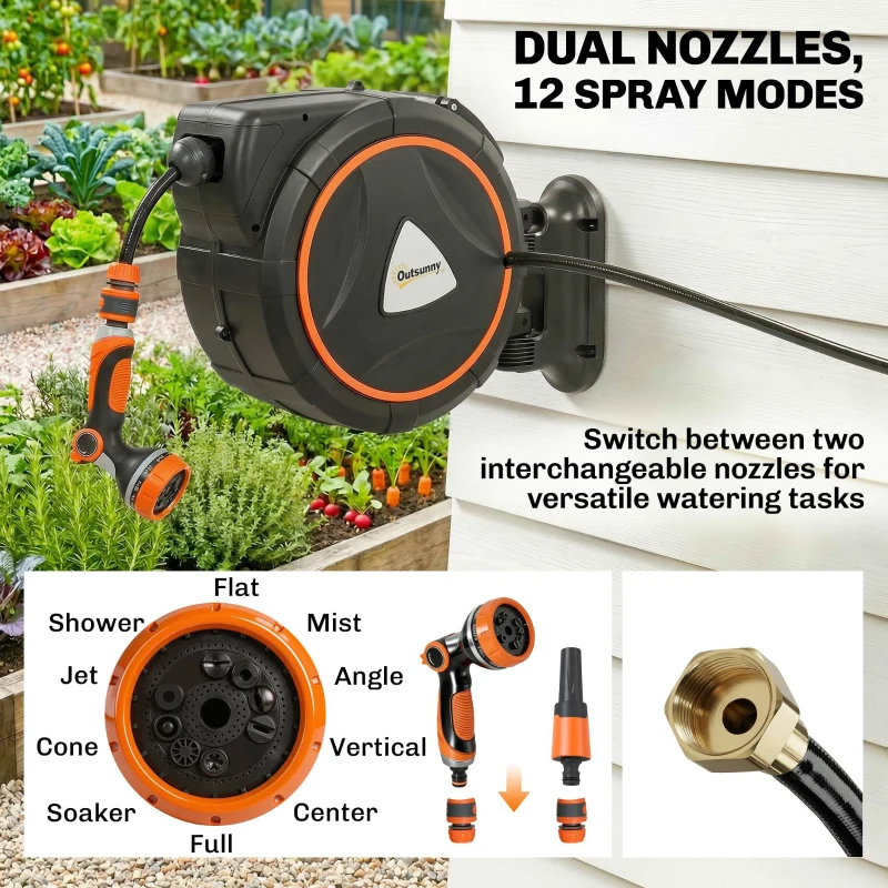 Outsunny Retractable Garden Hose Reel, 1/2"x75.5ft Wall Mounted Hose Reel with 12-Pattern Nozzles, Auto Retraction, Self-Locking