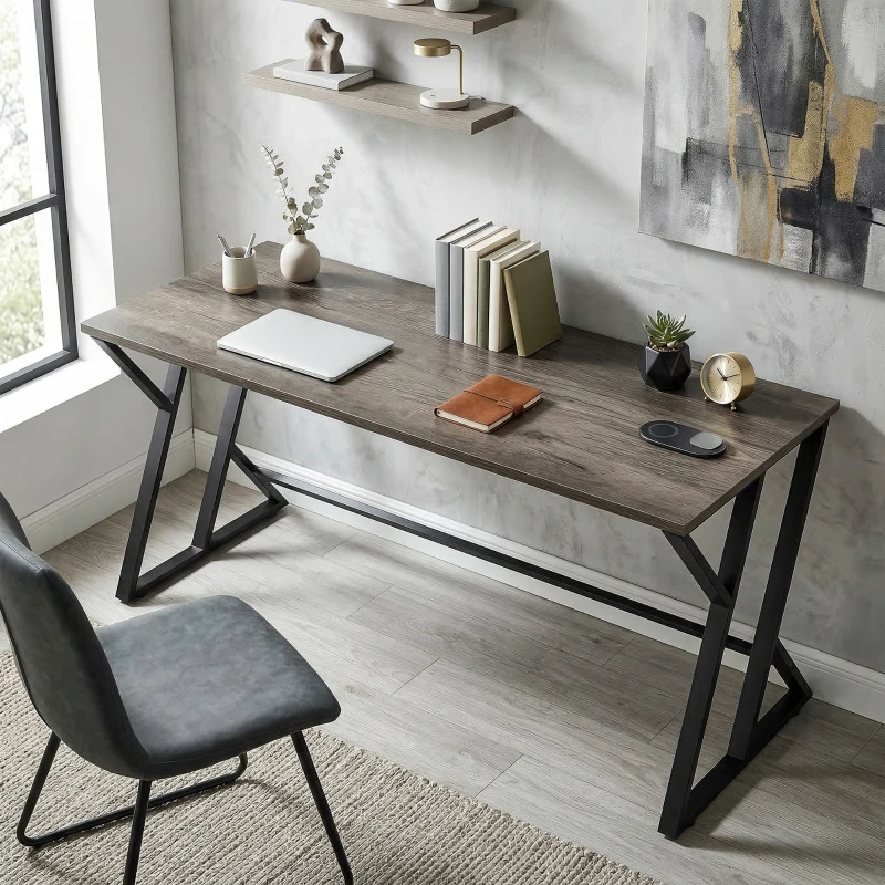 HOMCOM 55 Inch Computer Desk, Industrial Writing Desk with Z-Shaped Metal Leg, Study Table for Home Office, Distressed Gray