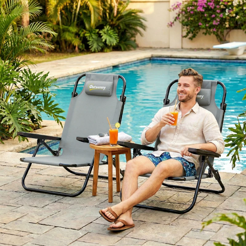 Outsunny Set of 2 Beach Chair 5-Position Adjustable Folding Camping Chair with Headrest Armrests Light Grey