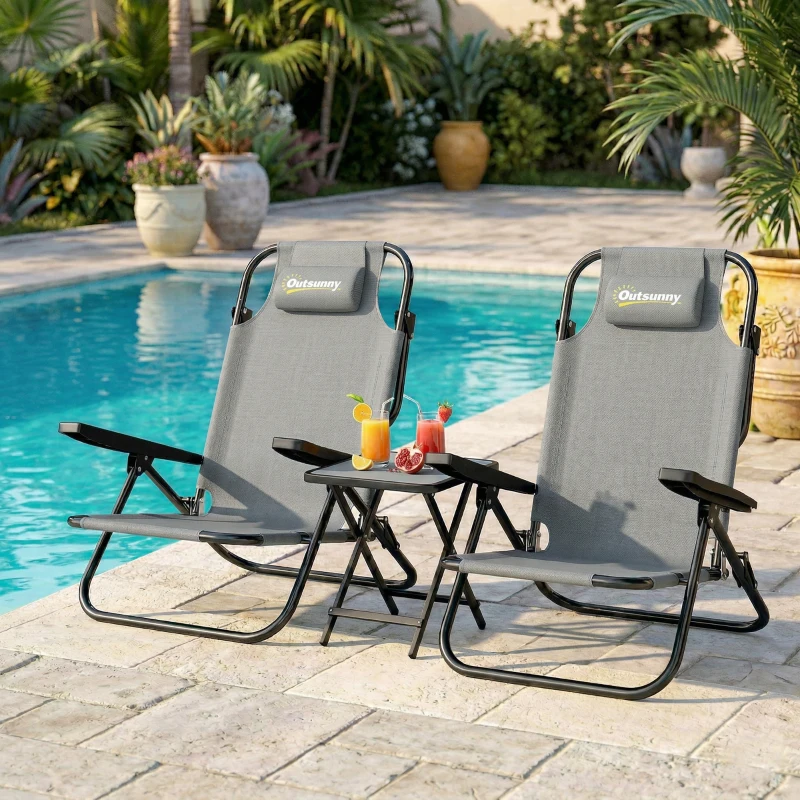 Outsunny Set of 2 Beach Chair 5-Position Adjustable Folding Camping Chair with Headrest Armrests Light Grey