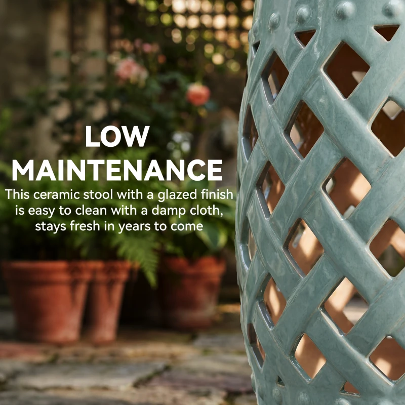 Outsunny 18" Ceramic Garden Stool with Woven Lattice Design, Indoor & Outdoor Decorative Accent Stool, Blue