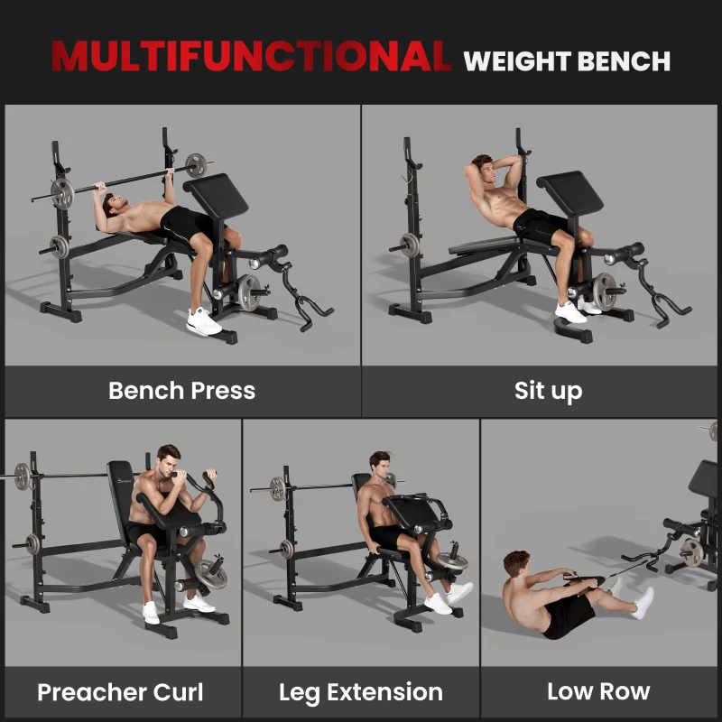 Soozier Weight Bench Stand with Squat Rack, Adjustable Olympic Bench, Multifunctional Arm Curl Pad, Leg Extension, Grey