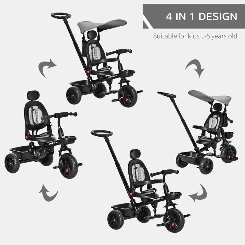 Qaba Tricycle for Toddler 4 in 1 Kids Trike, Converts Stroller to Toddler Bike, Adjustable Backrest & Flat Canopy, Detachable Guardrail & Handle for 1-5 Years Old, Grey