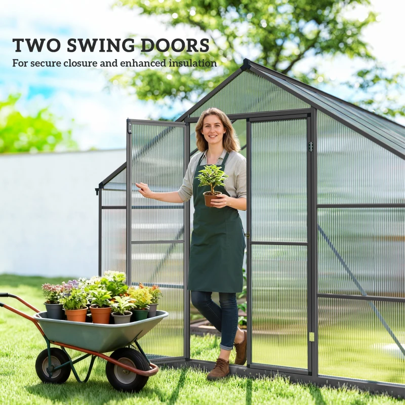 Outsunny Polycarbonate Greenhouse, Walk-in Green House with Two Top Windows, Rain Gutter and Swing Door, 8' x 16' x 7', Dark Grey