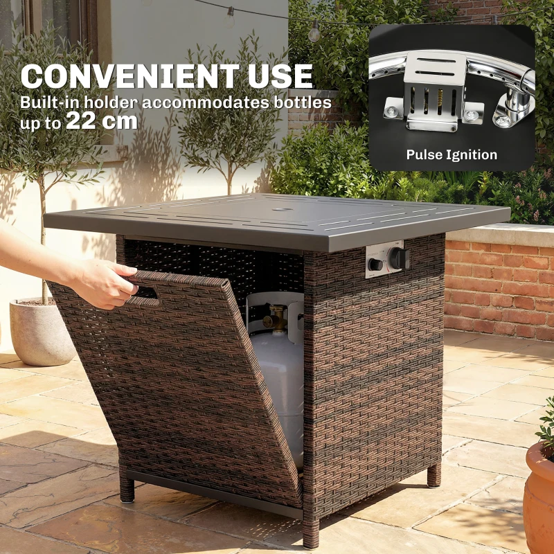 Outsunny Propane Fire Pit Table, 28 Inch 40,000 BTU Square Rattan Fire Table with Lava Rock, Pulse-Ignition Wicker Gas Fire Pit