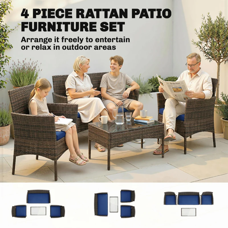 Outsunny 4 Pieces Wicker Outdoor Balcony Furniture Set Rattan Patio Furniture Set with Loveseat Chairs Glass Coffee Table Navy Blue