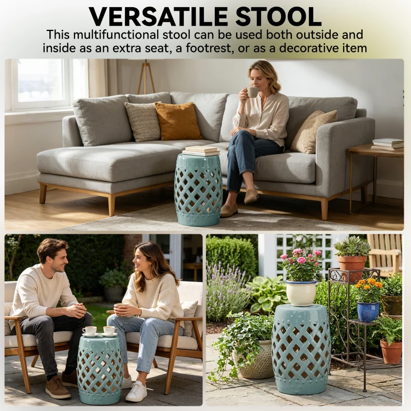 Outsunny 18" Ceramic Garden Stool with Woven Lattice Design, Indoor & Outdoor Decorative Accent Stool, Blue