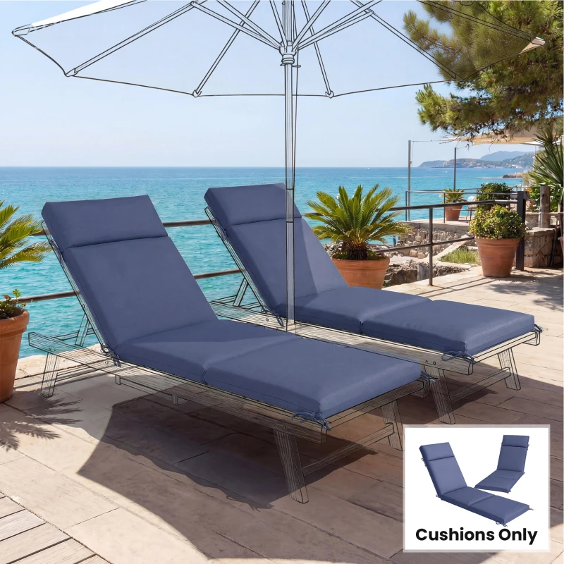 Outsunny Outdoor Chaise Lounge Cushions Set of 2 with 6 Ties, High-Density Foam, for Patio and Poolside, Navy Blue