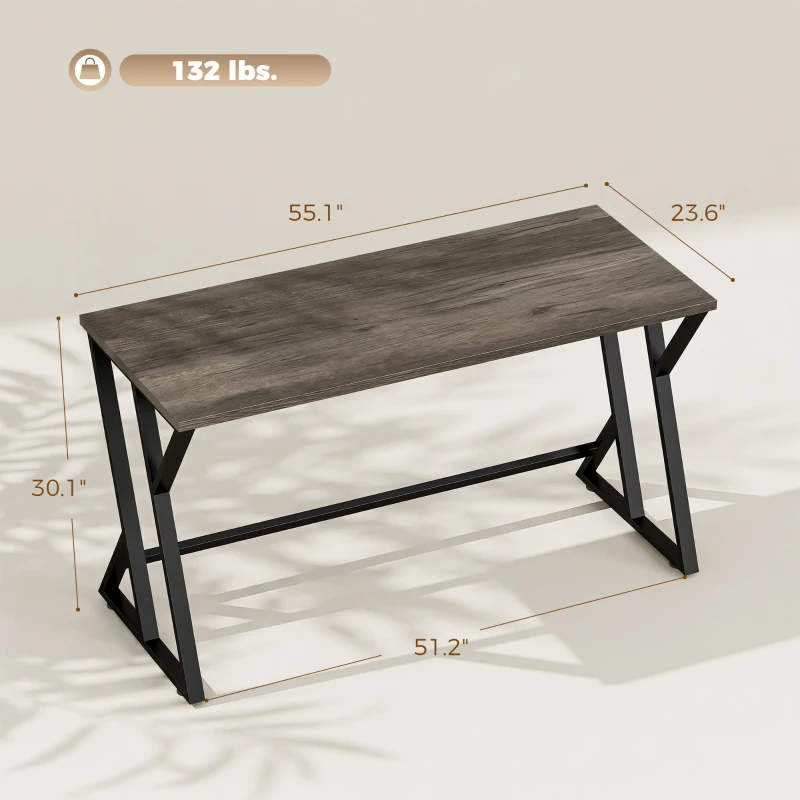 HOMCOM 55 Inch Computer Desk, Industrial Writing Desk with Z-Shaped Metal Leg, Study Table for Home Office, Distressed Gray