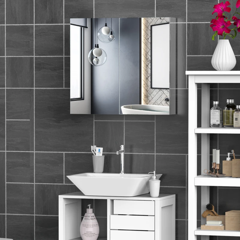HOMCOM Wall Mounted Mirror Cabinet, Bathroom Medicine Cabinet with Mirror, 2 Doors and 3-tier Shelving, Silver
