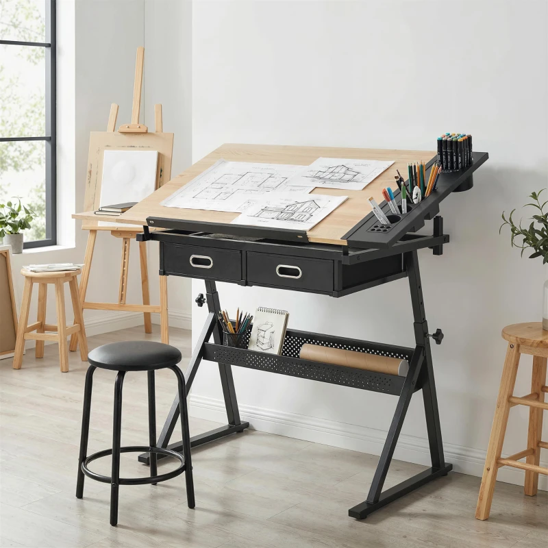 HOMCOM Adjustable Drafting Table, Art Desk Drawing Table Workstation with Stool and Storage Drawers for Painting, Oak