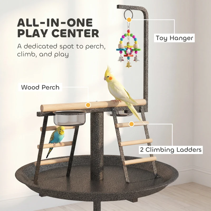 PawHut Bird Stand with Wheels Parrot Play Stand with Round Tray Stainless Steel Feed Bowls Indoor Outdoor Dark Gray