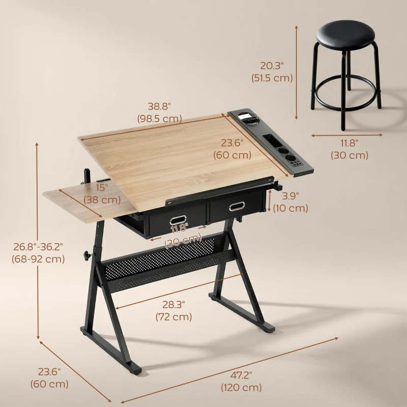 HOMCOM Adjustable Drafting Table, Art Desk Drawing Table Workstation with Stool and Storage Drawers for Painting, Oak