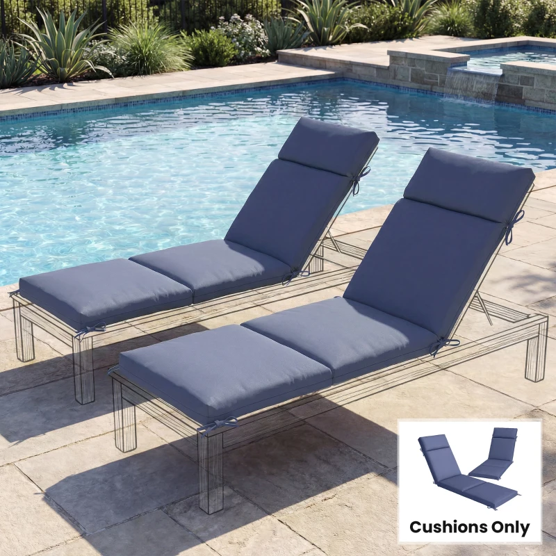 Outsunny Outdoor Chaise Lounge Cushions Set of 2 with 6 Ties, High-Density Foam, for Patio and Poolside, Navy Blue
