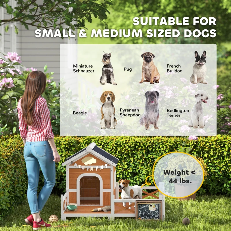 PawHut Outdoor Wooden Dog House, Dog Shelter with Large Porch, Weatherproof & Openable Roof, Elevated Base, Removable Floor