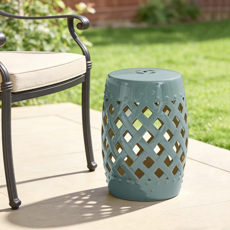 Outsunny 18" Ceramic Garden Stool with Woven Lattice Design, Indoor & Outdoor Decorative Accent Stool, Blue