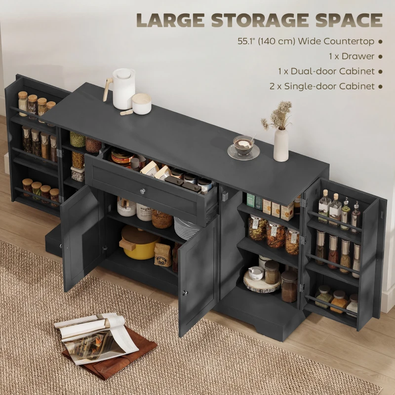 HOMCOM 55" Modern Kitchen Storage Cabinet with Drawer, Adjustable Shelves, Small Kitchen Pantry with Door Racks, Black