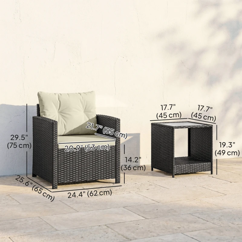 Outsunny Outdoor Bistro Set, 3 Piece Wicker Patio Furniture Set with 2-Tier Glass Top Table, Cushions for Porch, Balcony, Beige