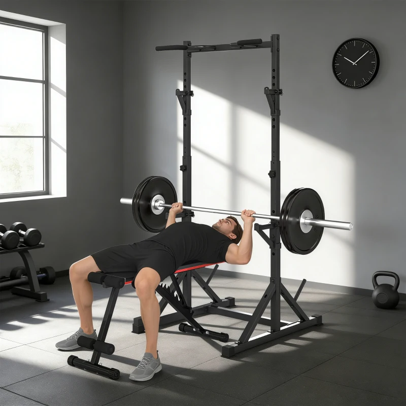 Soozier Adjustable Squat Rack, Multi-Function Bench Press Rack with Weight Plate Holders and Pull up Bar, Black