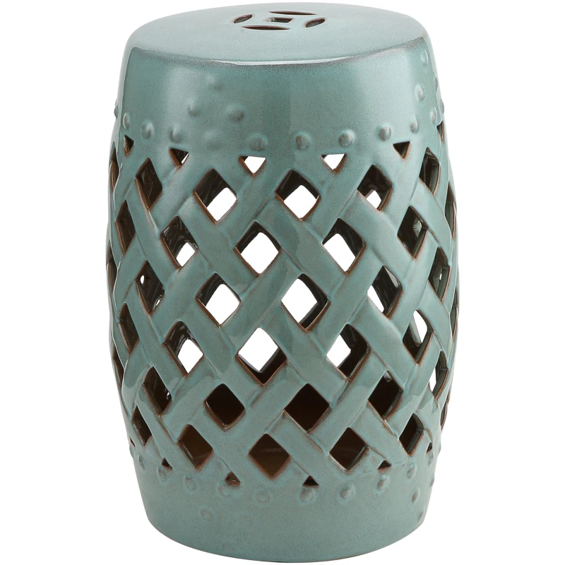 Outsunny 18" Ceramic Garden Stool with Woven Lattice Design, Indoor & Outdoor Decorative Accent Stool, Blue