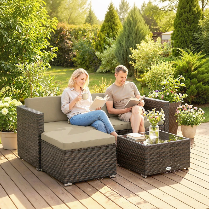 Outsunny 3 Pieces Patio Furniture Set with Cushions, Outdoor PE Rattan Wicker Conversation Corner Sofa Set, Khaki