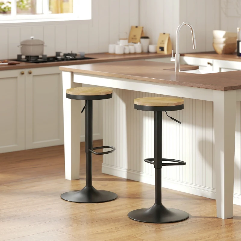 HOMCOM Wood Barstools Set of 2, Swivel Bar Stools with Adjustable Height for Kitchen Counter, Natural Wood and Black